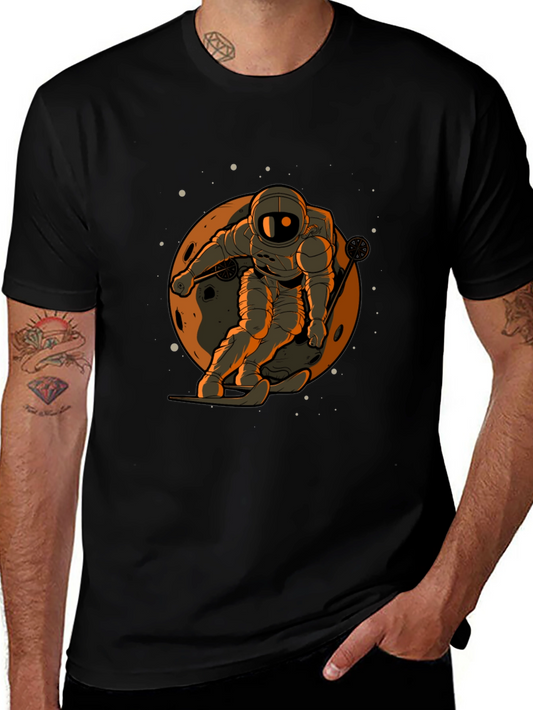 Camiseta Negra con Diseño de Astronauta Esquiando en la Luna