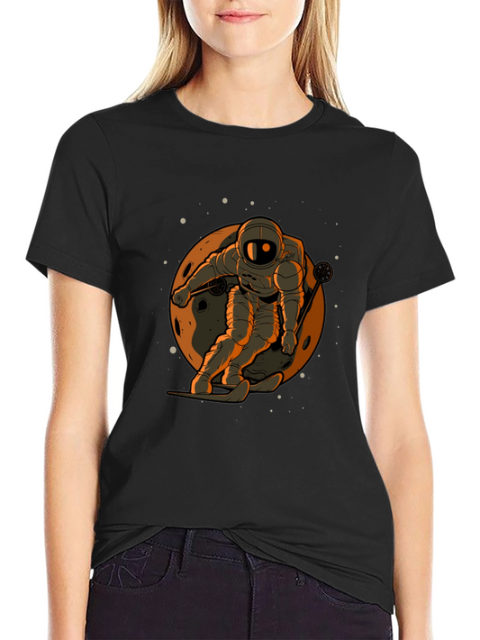 Camiseta Negra con Diseño de Astronauta Esquiando en la Luna