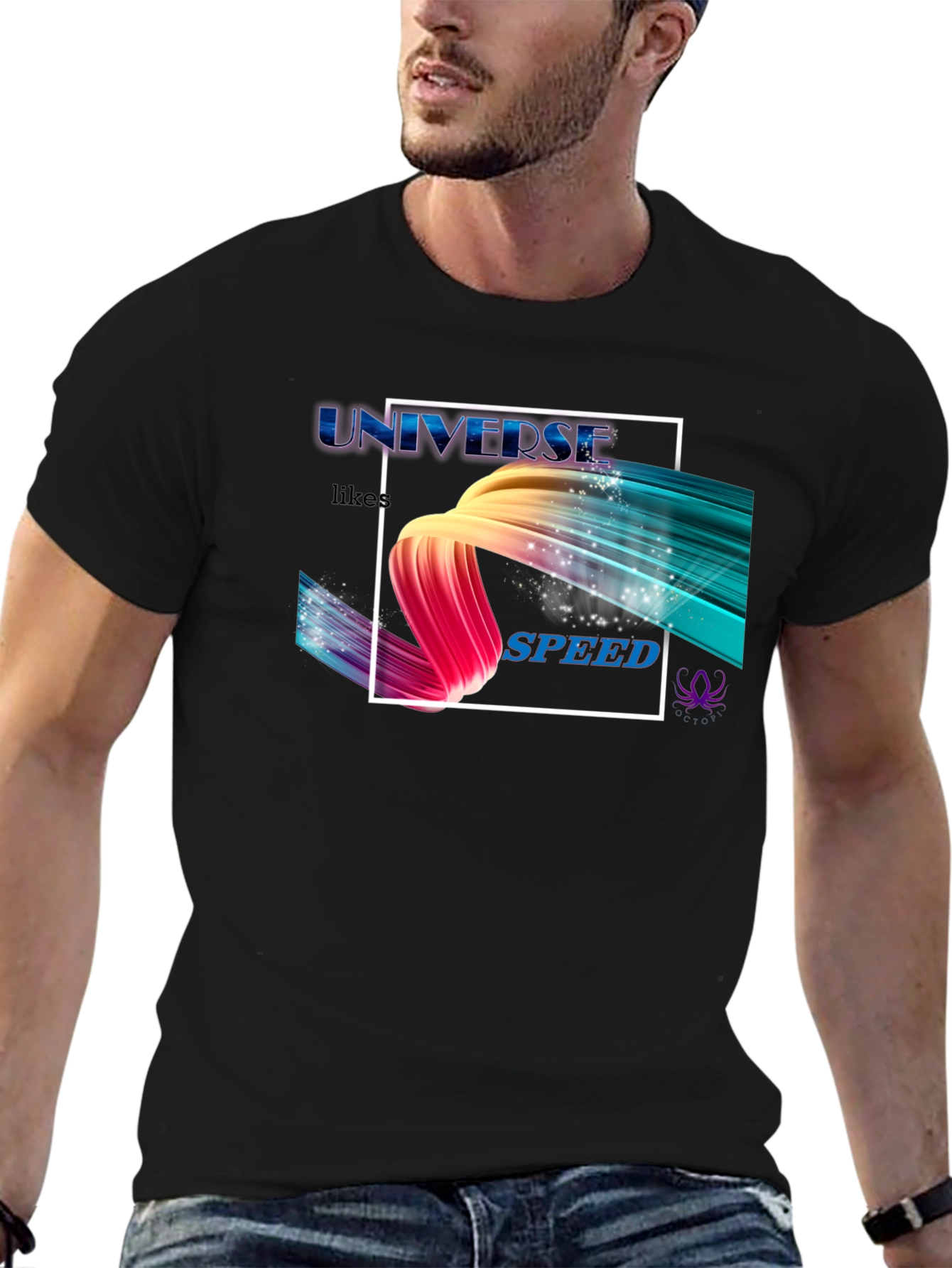 Camiseta Negra Universe Likes Speed Estampada