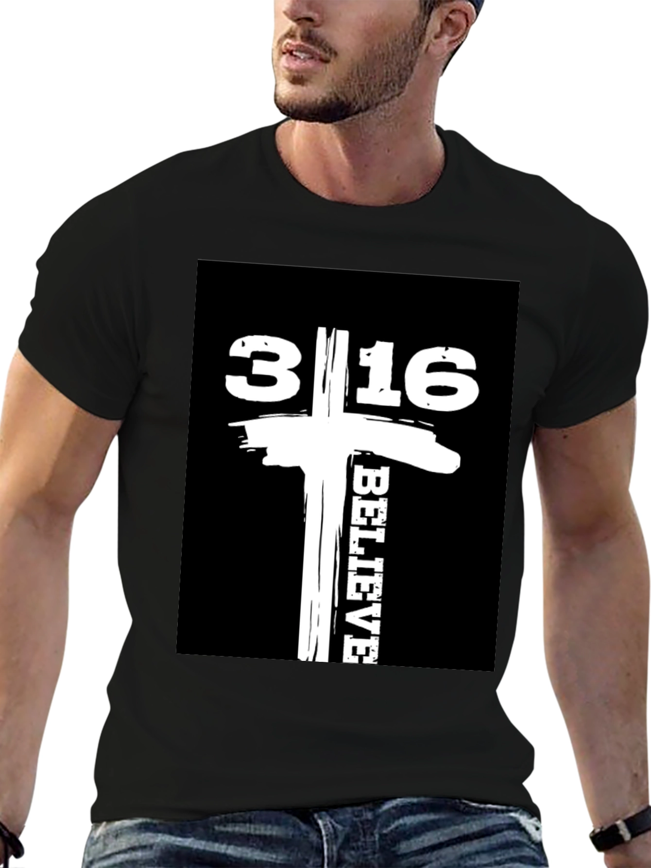 Camiseta Negra con Diseño 3:16 Believe