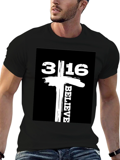 Camiseta Negra con Diseño 3:16 Believe