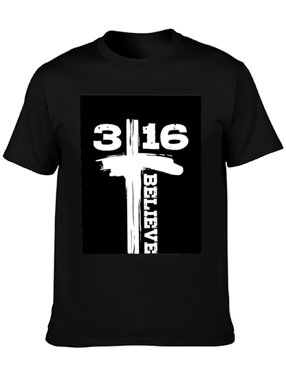 Camiseta Negra con Diseño 3:16 Believe
