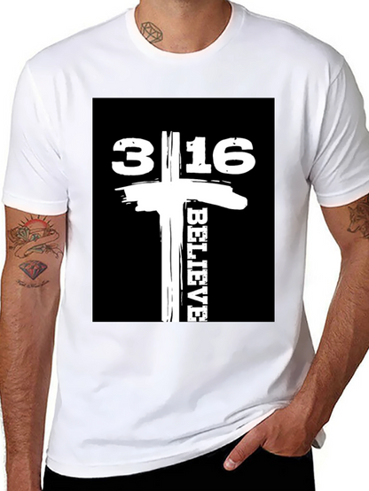 Camiseta Negra con Diseño 3:16 Believe