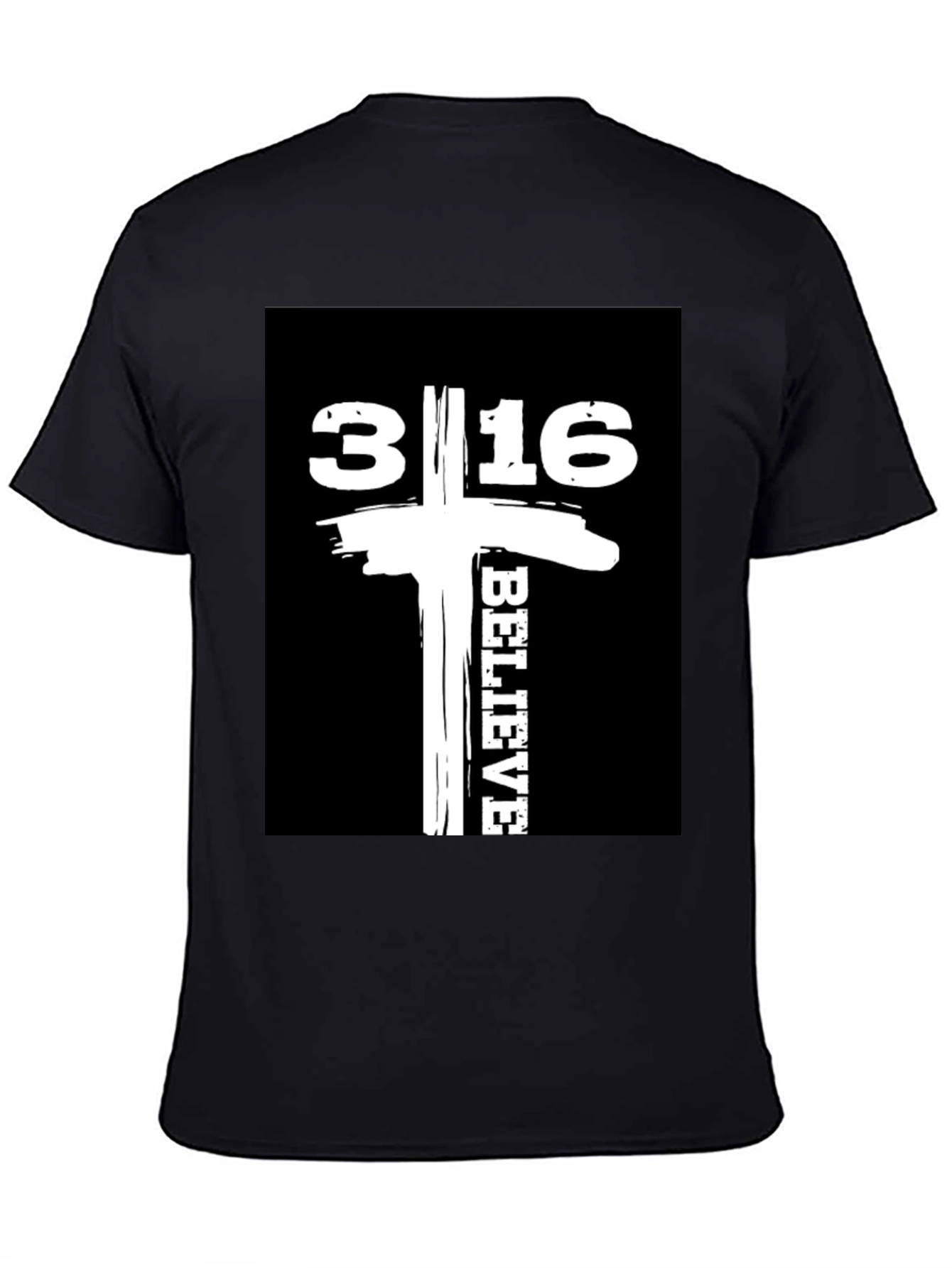 Camiseta Negra con Diseño 3:16 Believe