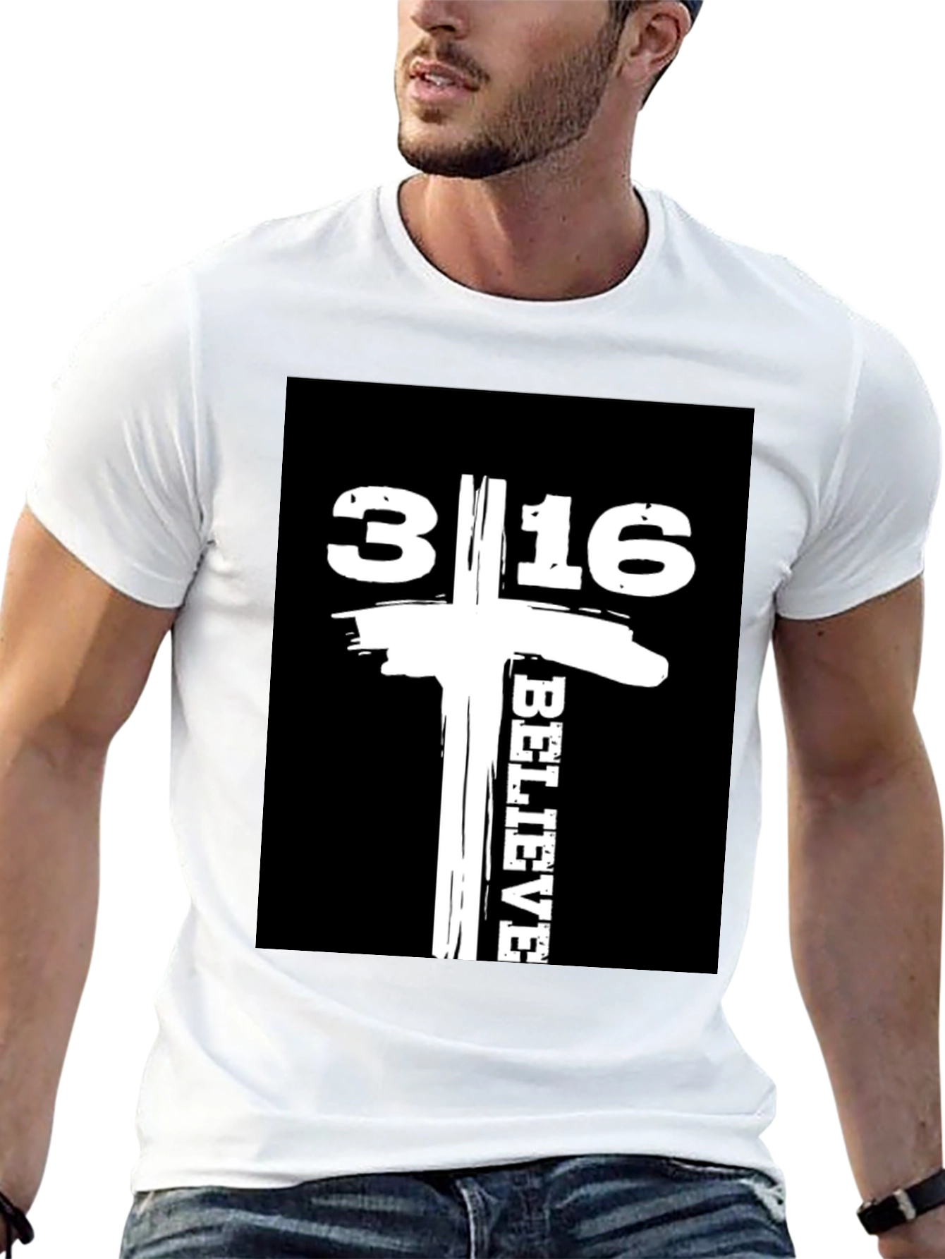 Camiseta Negra con Diseño 3:16 Believe