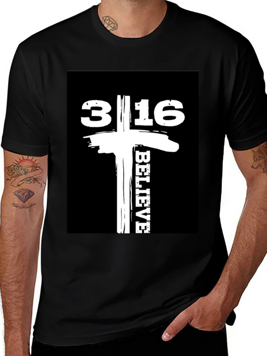 Camiseta Negra con Diseño 3:16 Believe