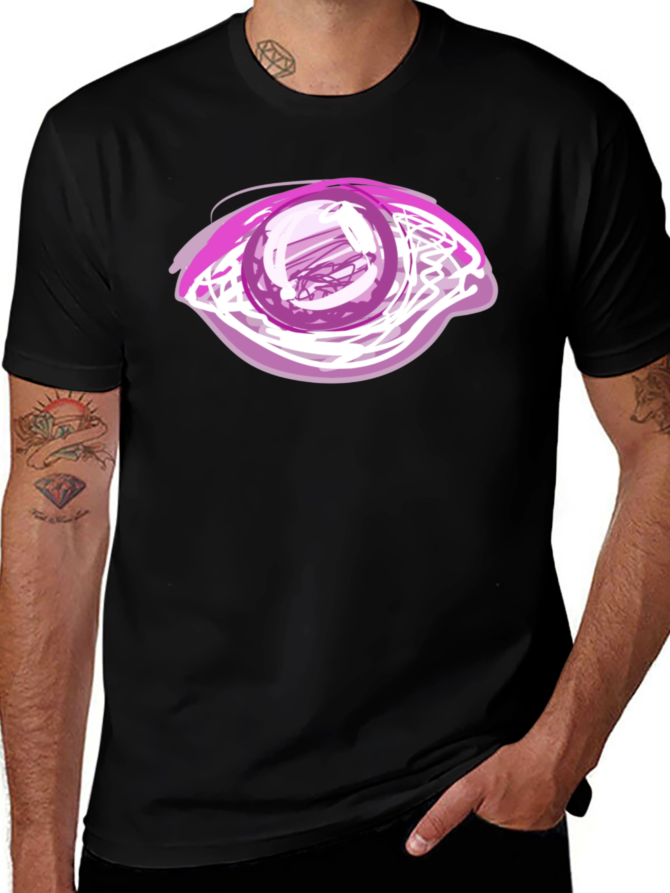Camiseta Negra con Diseño de Ojo Abstracto Rosa