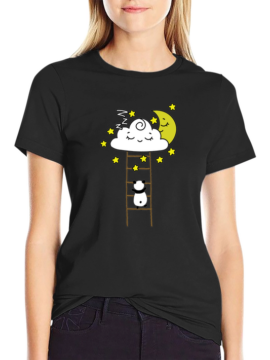 Camiseta Negra con Diseño de Panda Escalando a la Luna