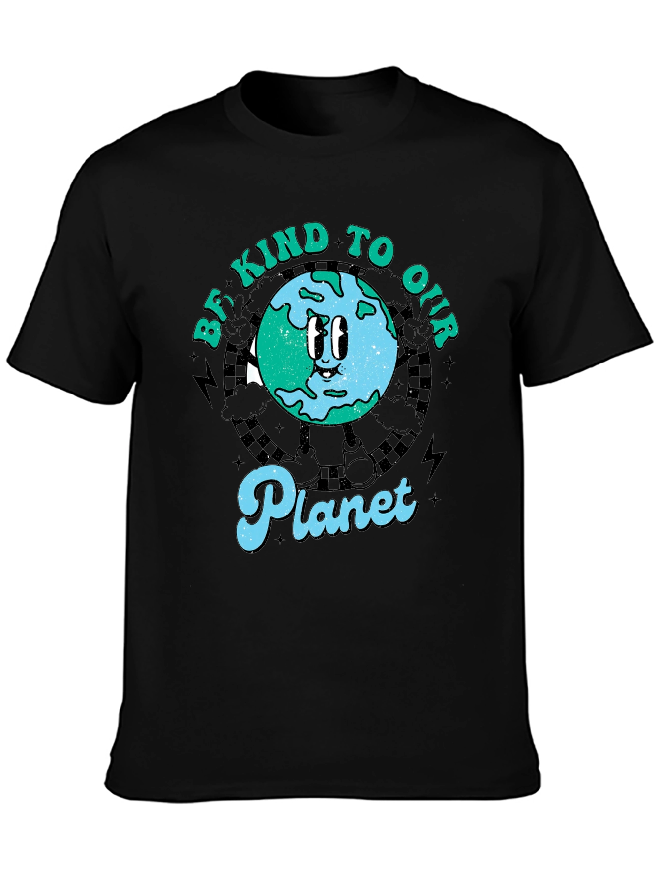 Camiseta Negra con Diseño de Planeta Sonriente