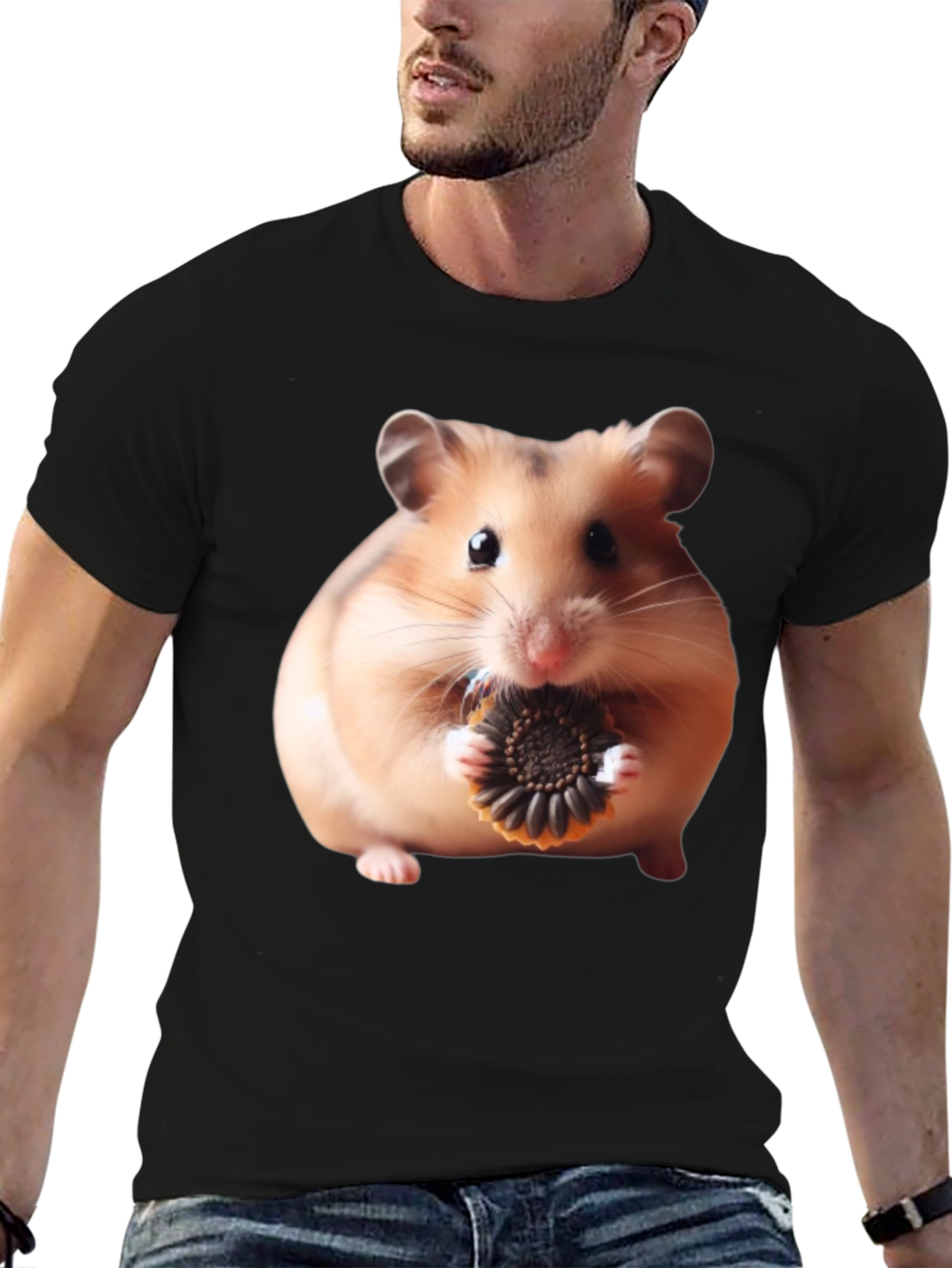 Camiseta Negra con Diseño de Hámster Comiendo