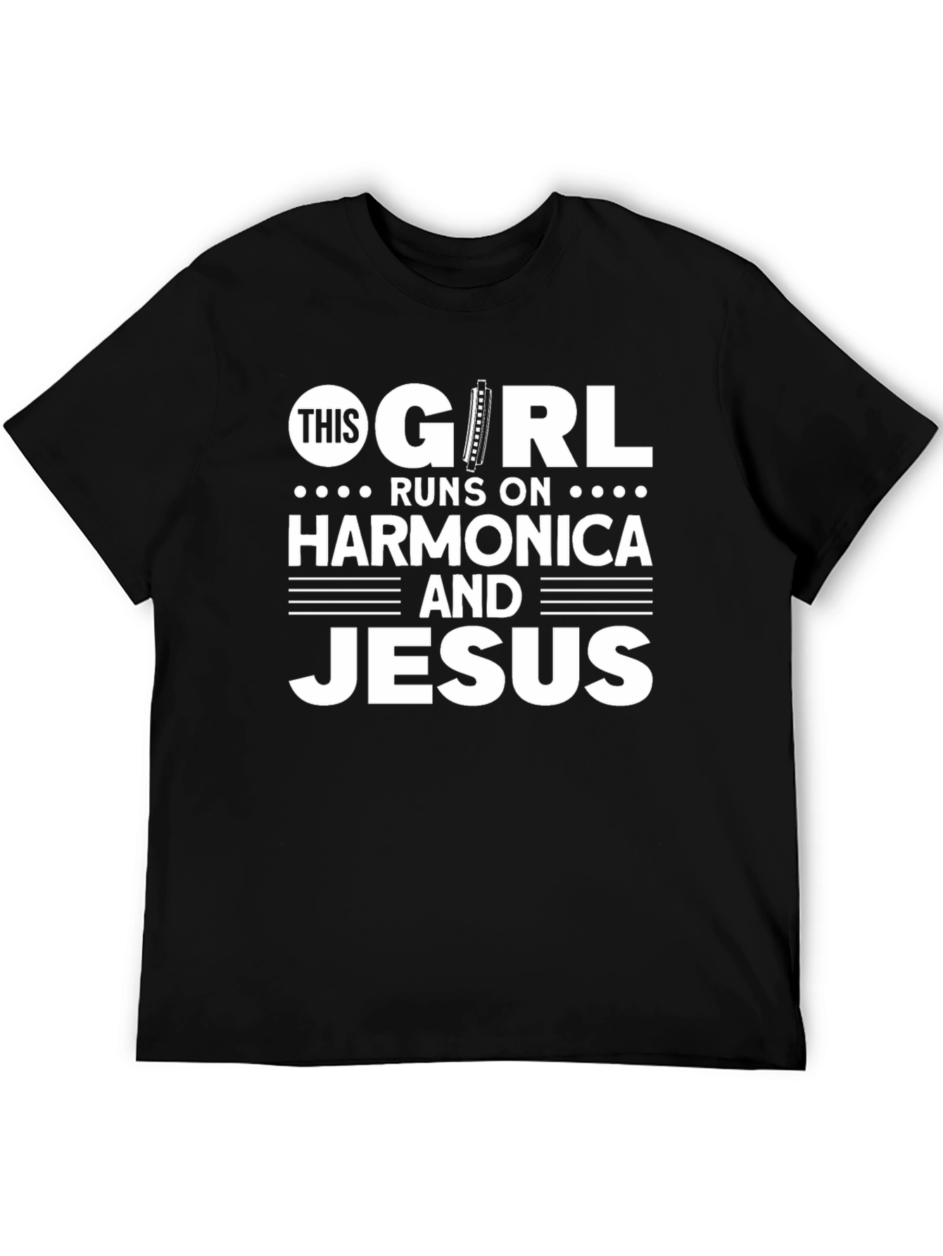 Camiseta Negra: This Girl Runs on Harmonica and Jesus