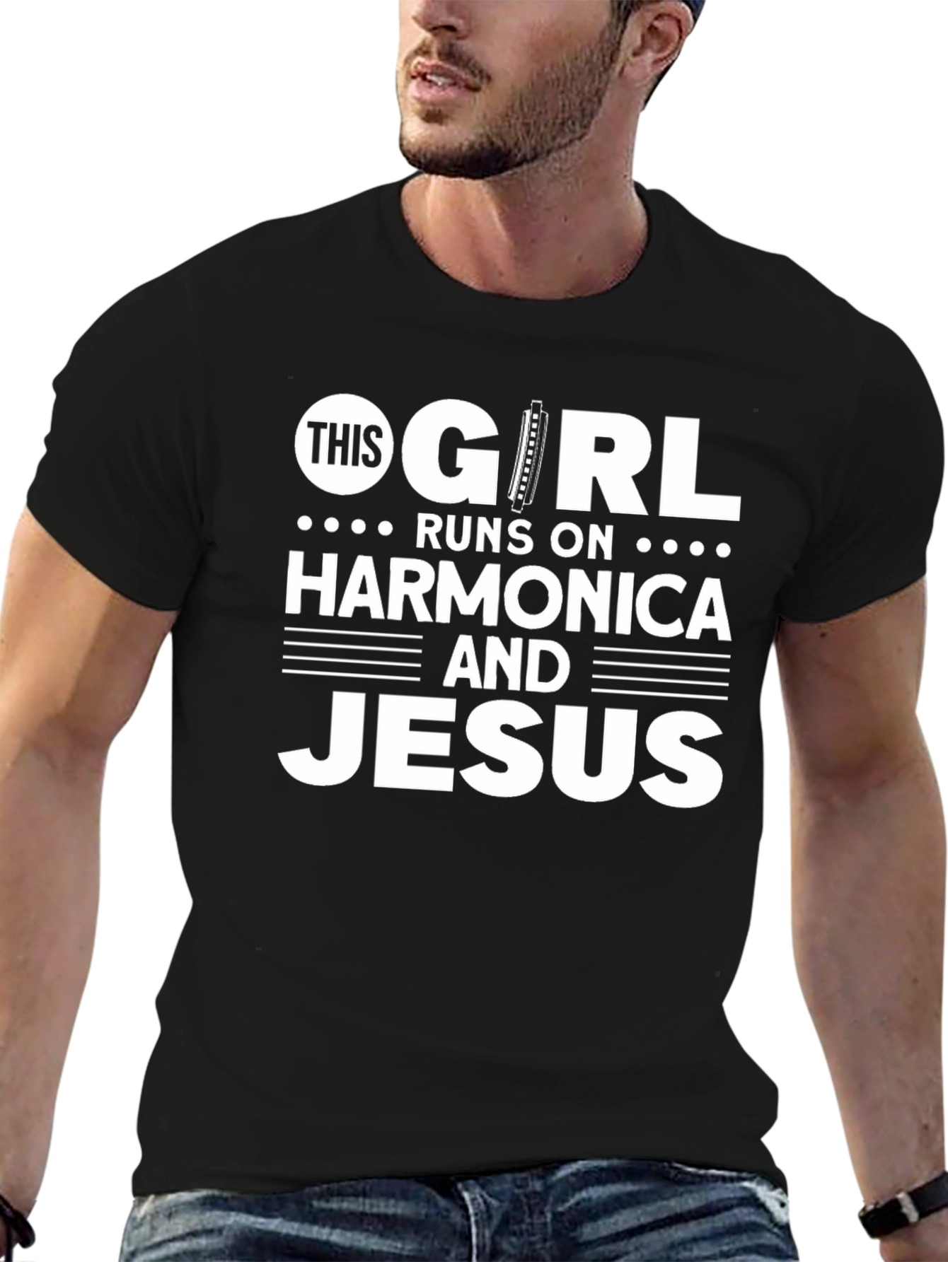 Camiseta Negra: This Girl Runs on Harmonica and Jesus
