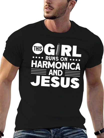 Camiseta Negra: This Girl Runs on Harmonica and Jesus