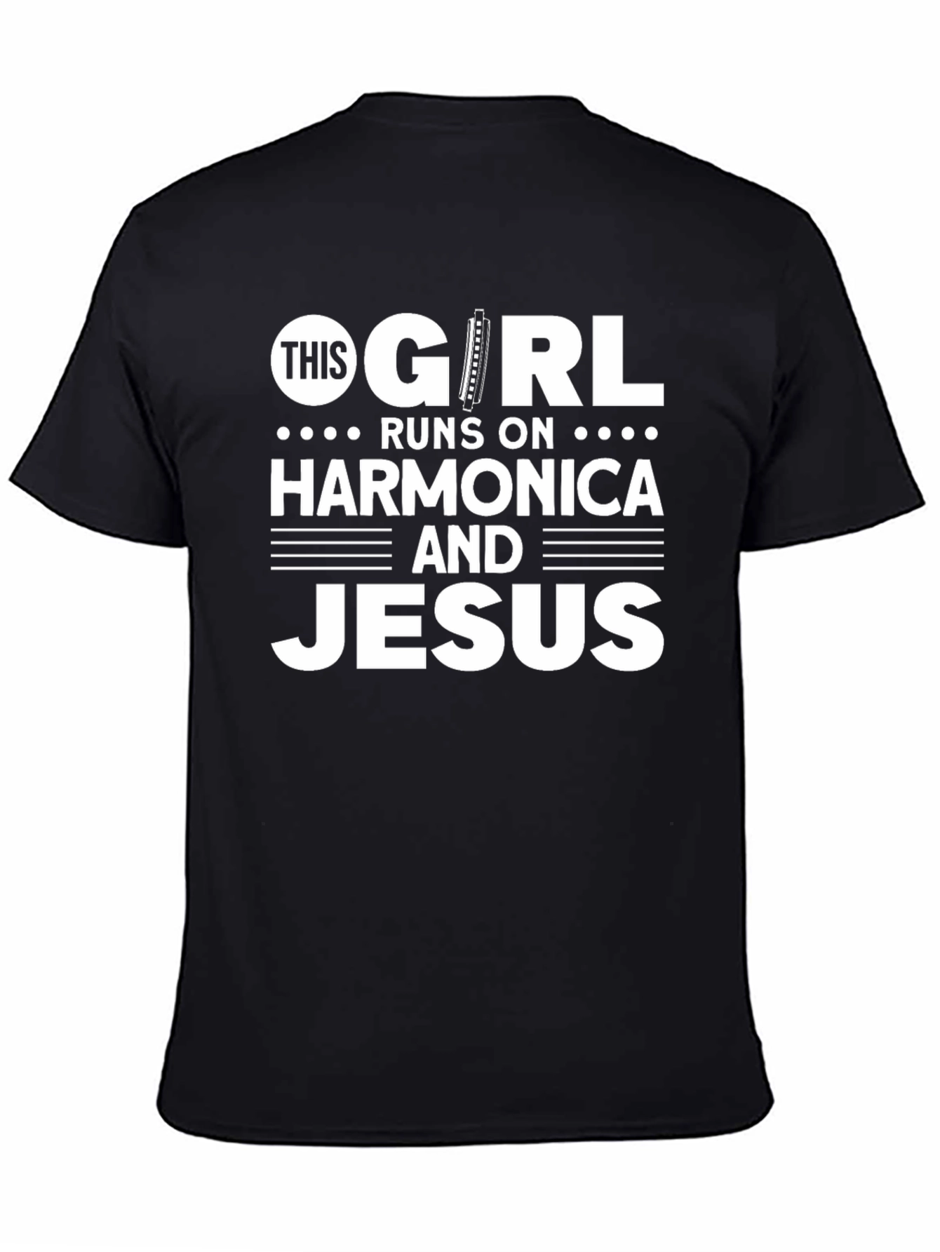 Camiseta Negra: This Girl Runs on Harmonica and Jesus