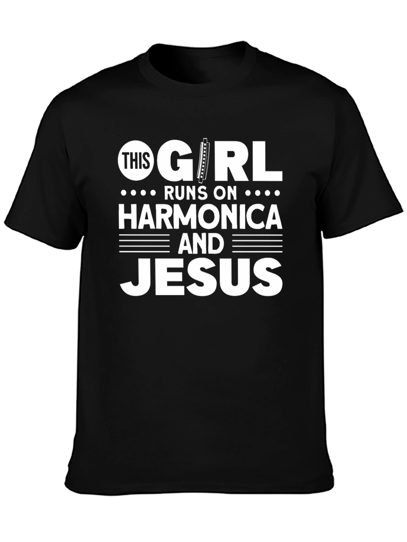 Camiseta Negra: This Girl Runs on Harmonica and Jesus