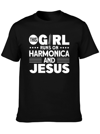 Camiseta Negra: This Girl Runs on Harmonica and Jesus