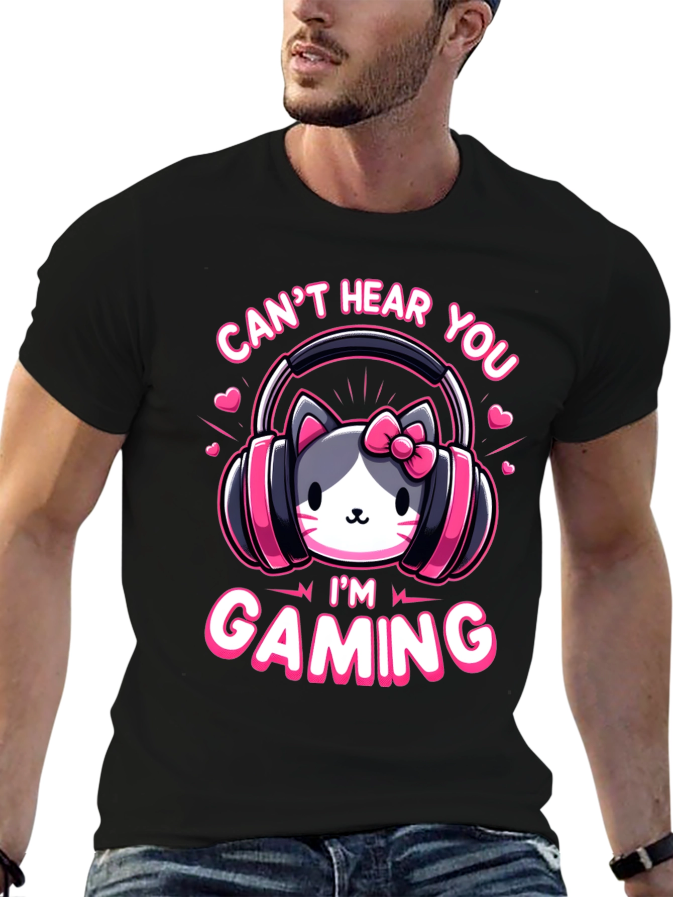 Camiseta Gaming con Diseño de Gato y Auriculares