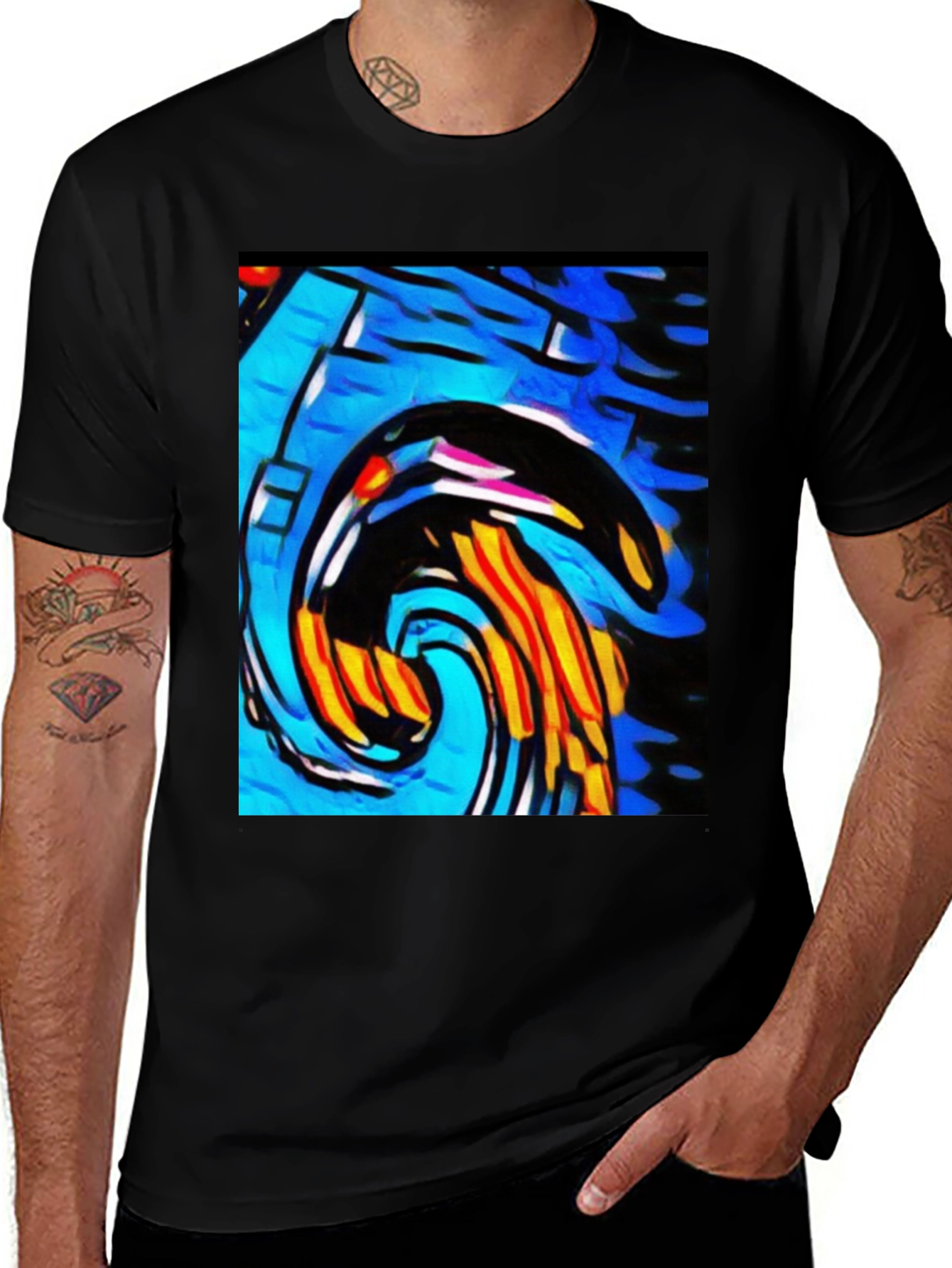 Camiseta Negra con Diseño Abstracto Vibrante