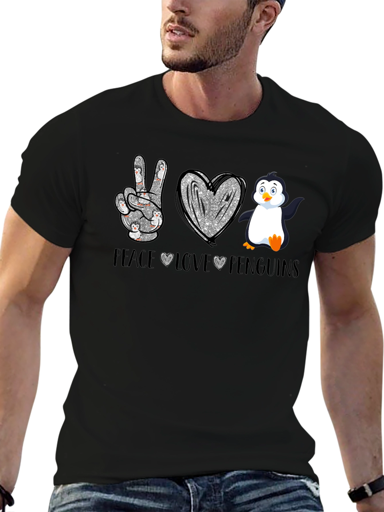 Camiseta Negra Peace Love Penguins