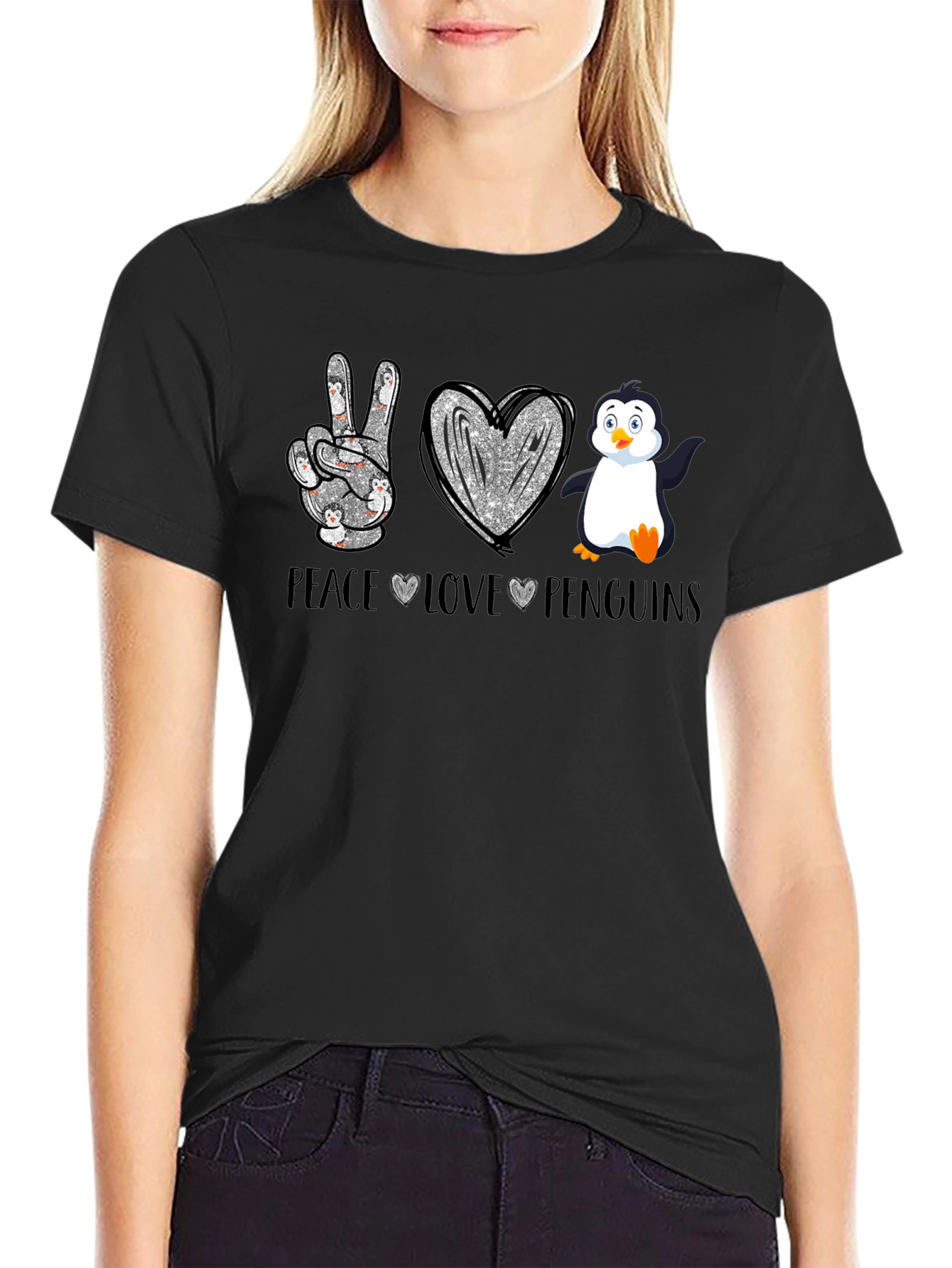 Camiseta Negra Peace Love Penguins