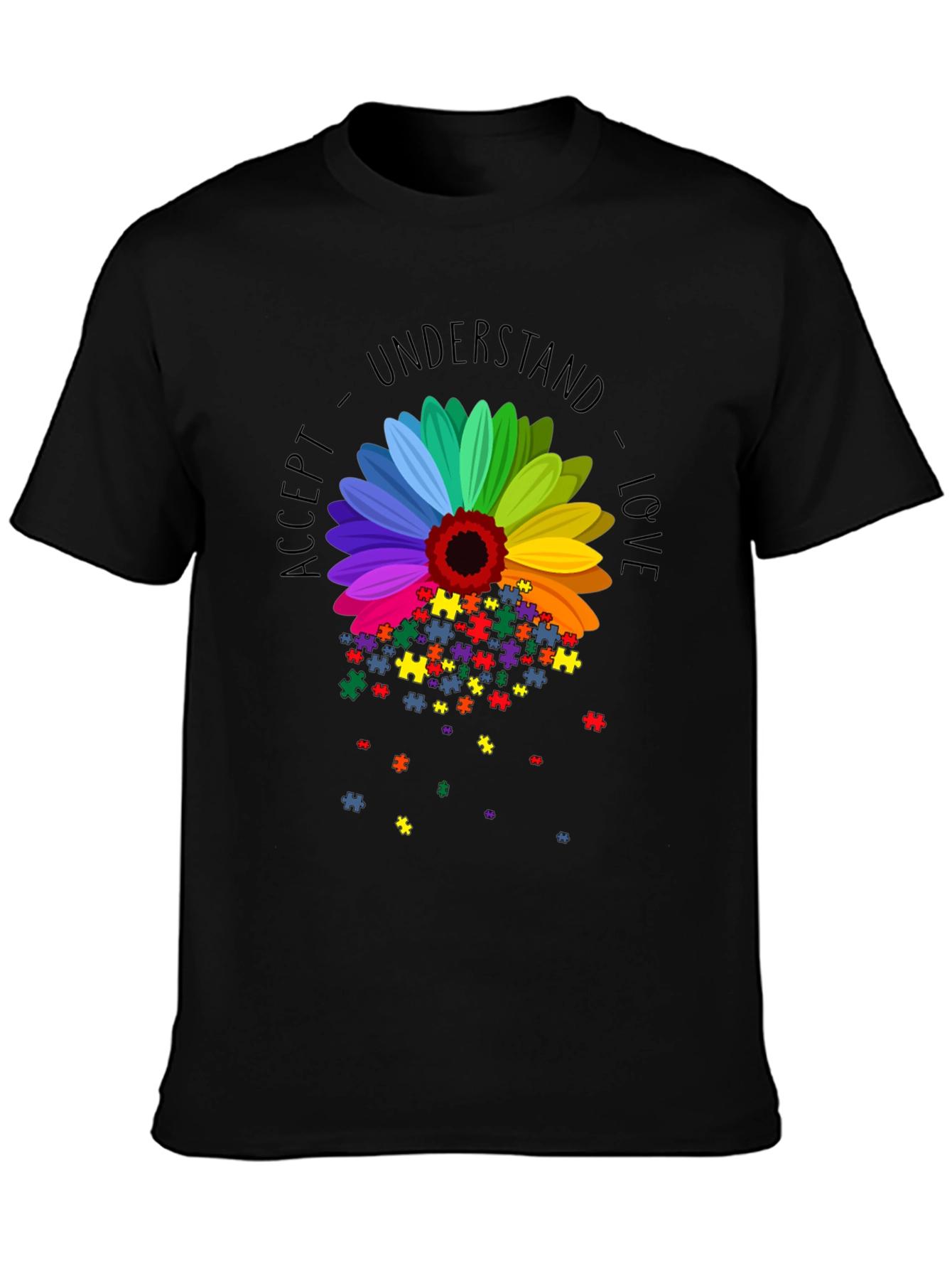 Camiseta Negra Girasol Autismo: Acepta Comprende Ama