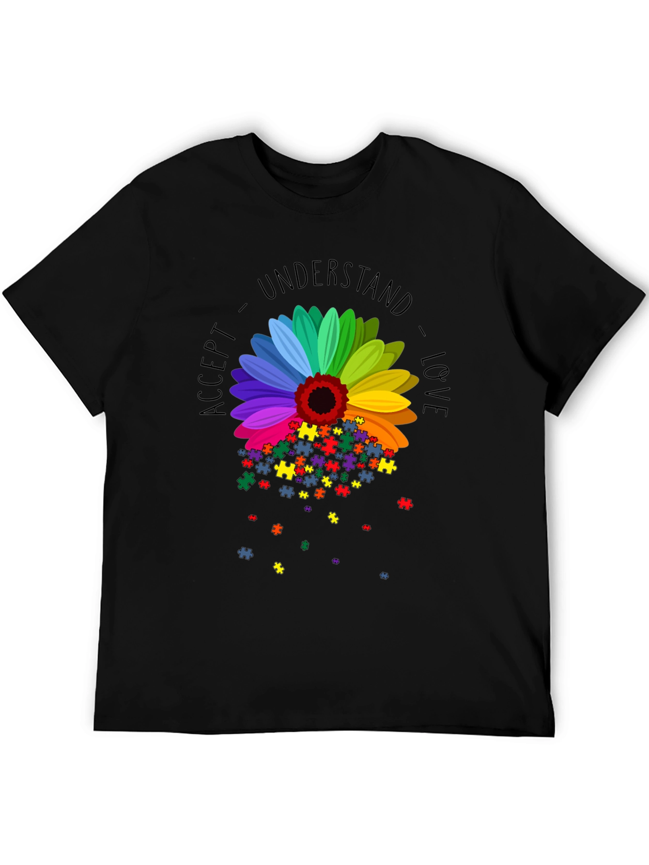 Camiseta Negra Girasol Autismo: Acepta Comprende Ama