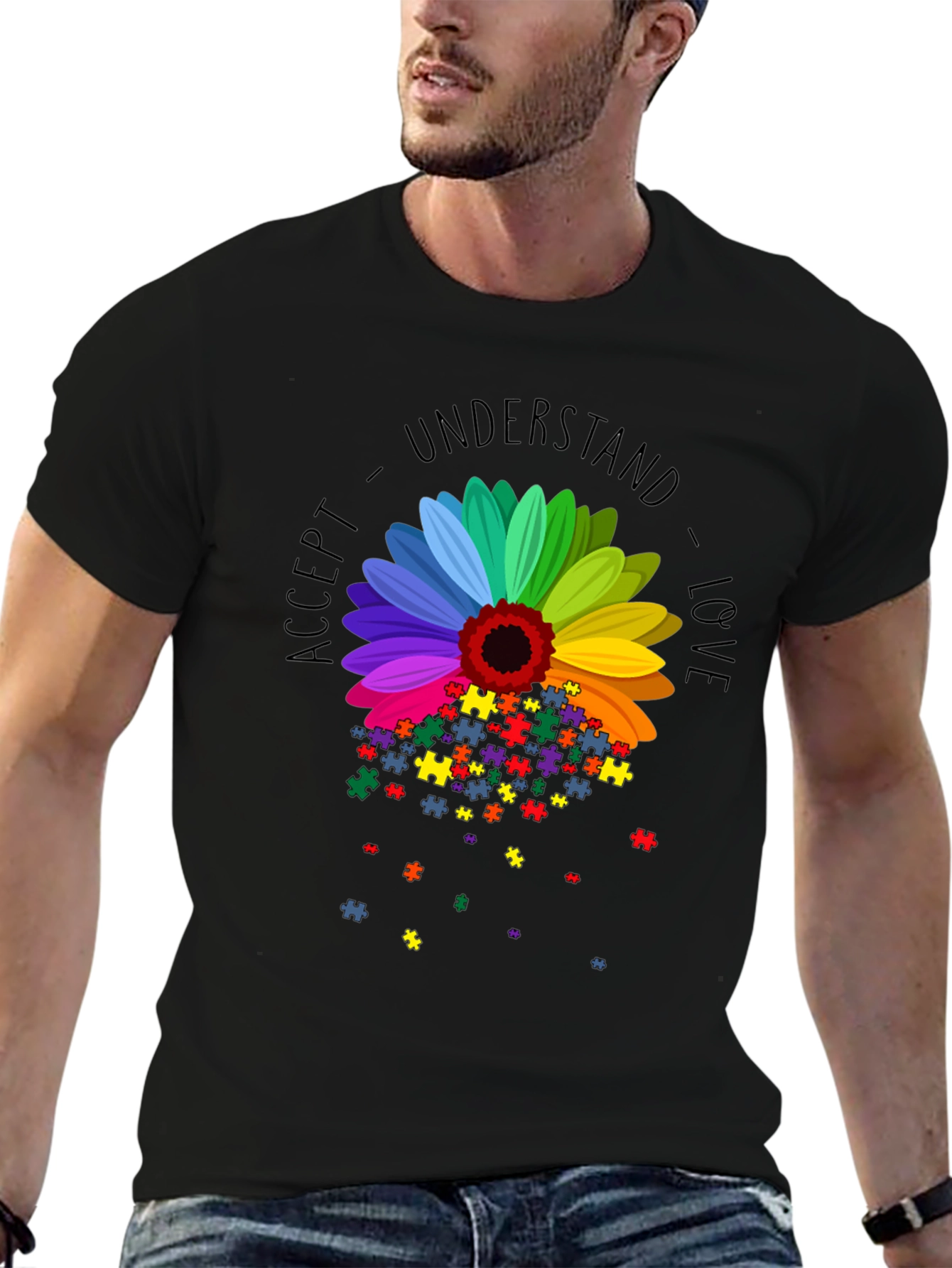 Camiseta Negra Girasol Autismo: Acepta Comprende Ama