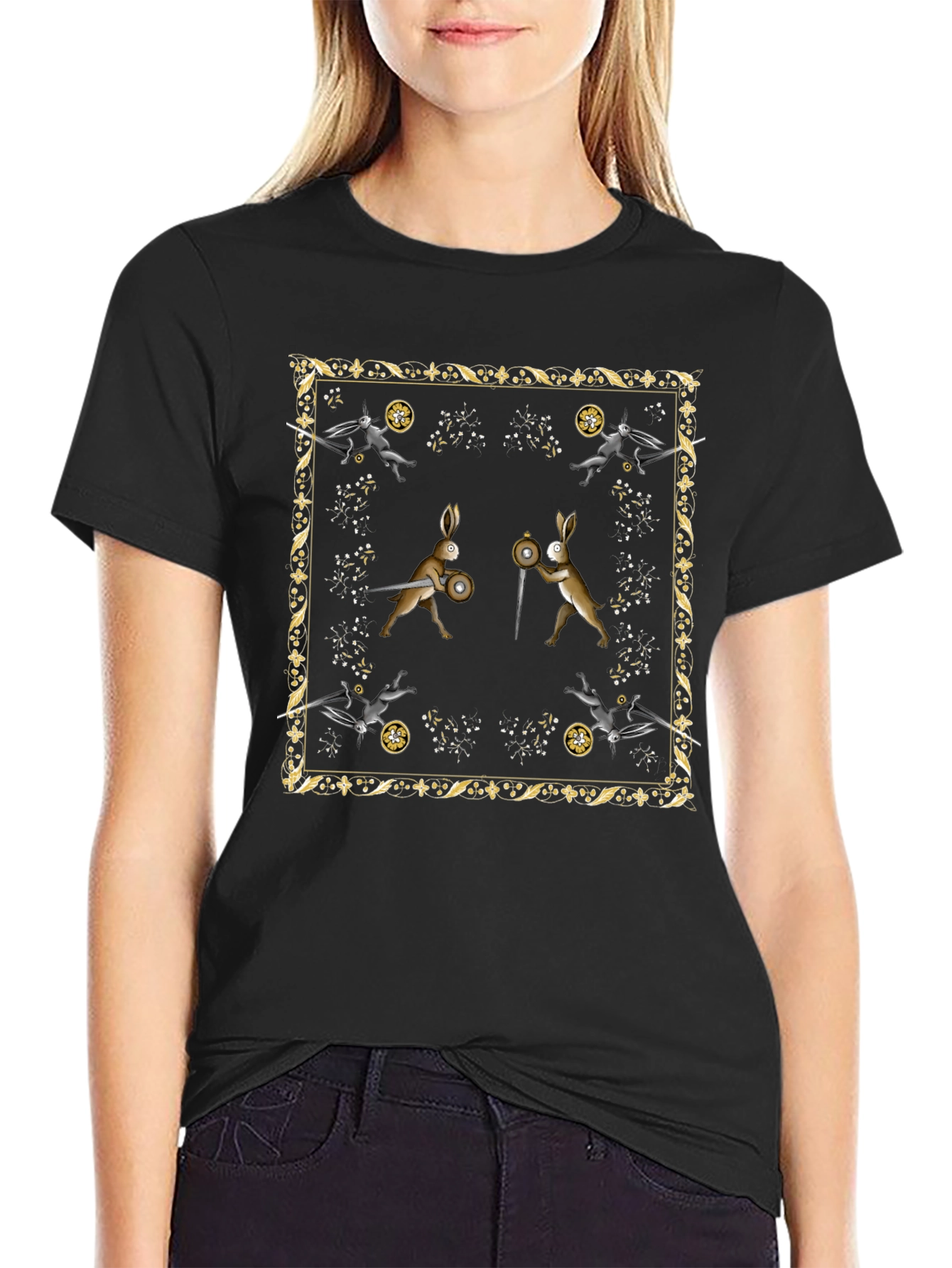 Camiseta Negra Diseño Medieval de Conejos Guerreros