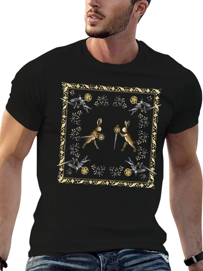 Camiseta Negra Diseño Medieval de Conejos Guerreros