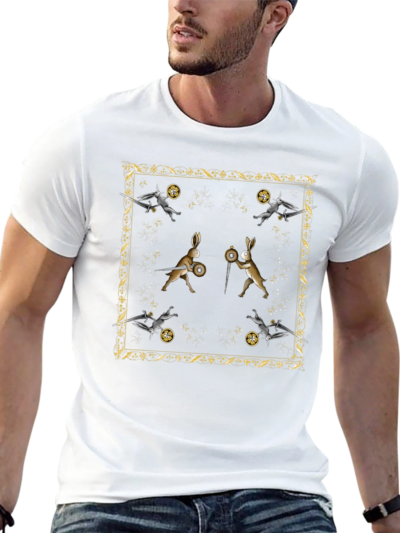 Camiseta Negra Diseño Medieval de Conejos Guerreros