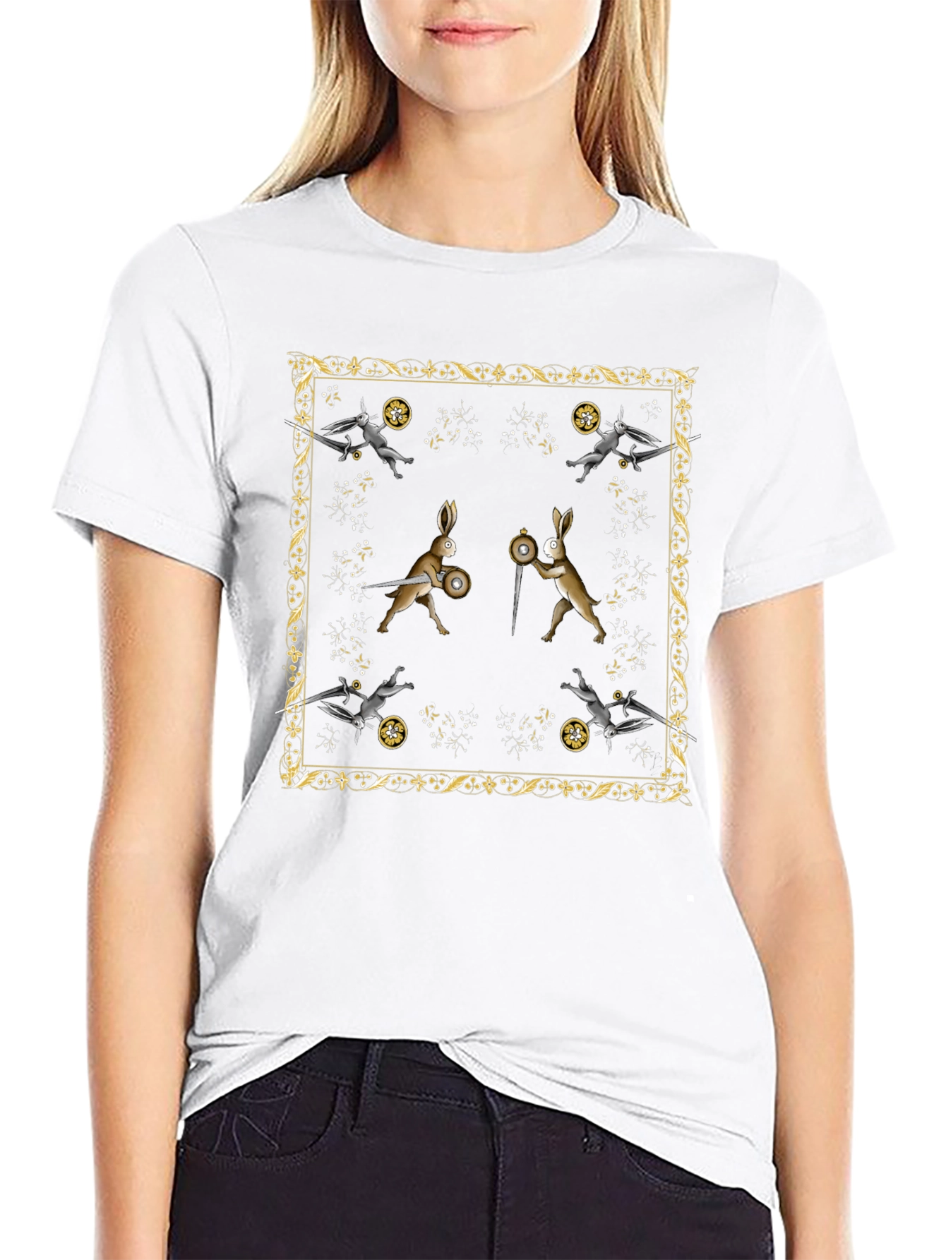 Camiseta Negra Diseño Medieval de Conejos Guerreros