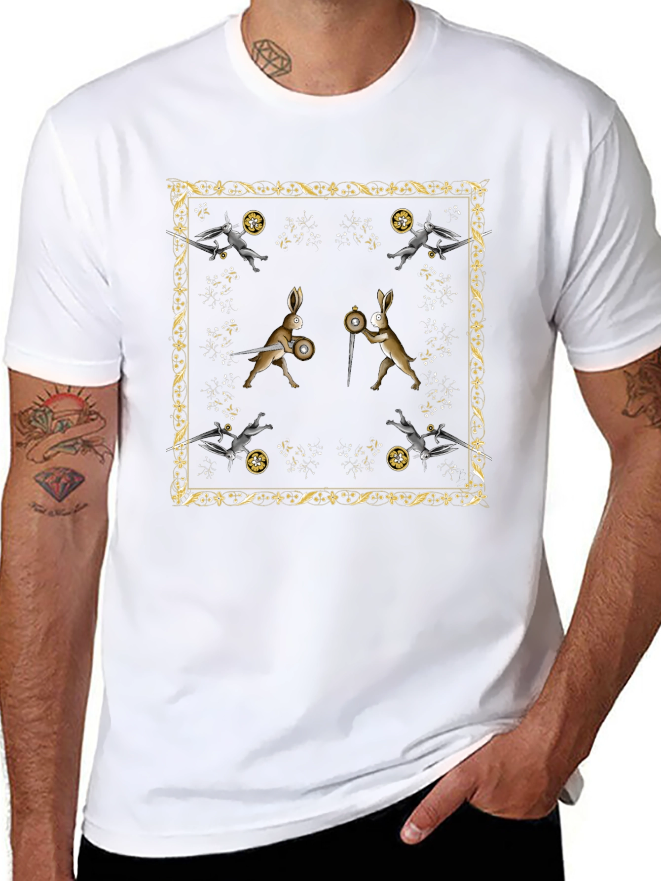 Camiseta Negra Diseño Medieval de Conejos Guerreros