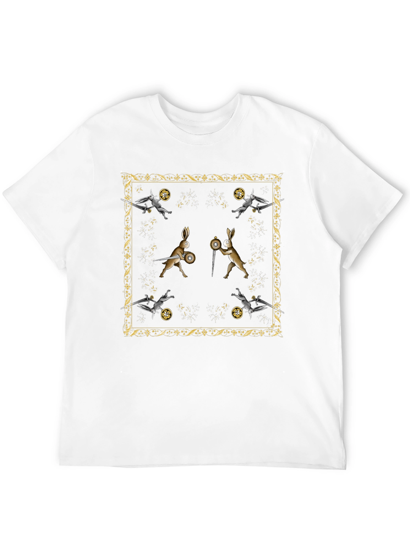 Camiseta Negra Diseño Medieval de Conejos Guerreros