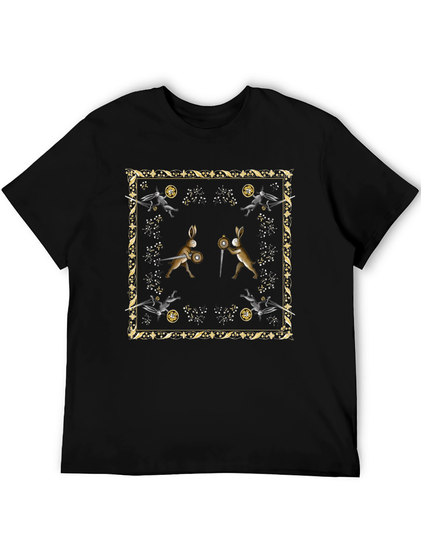 Camiseta Negra Diseño Medieval de Conejos Guerreros