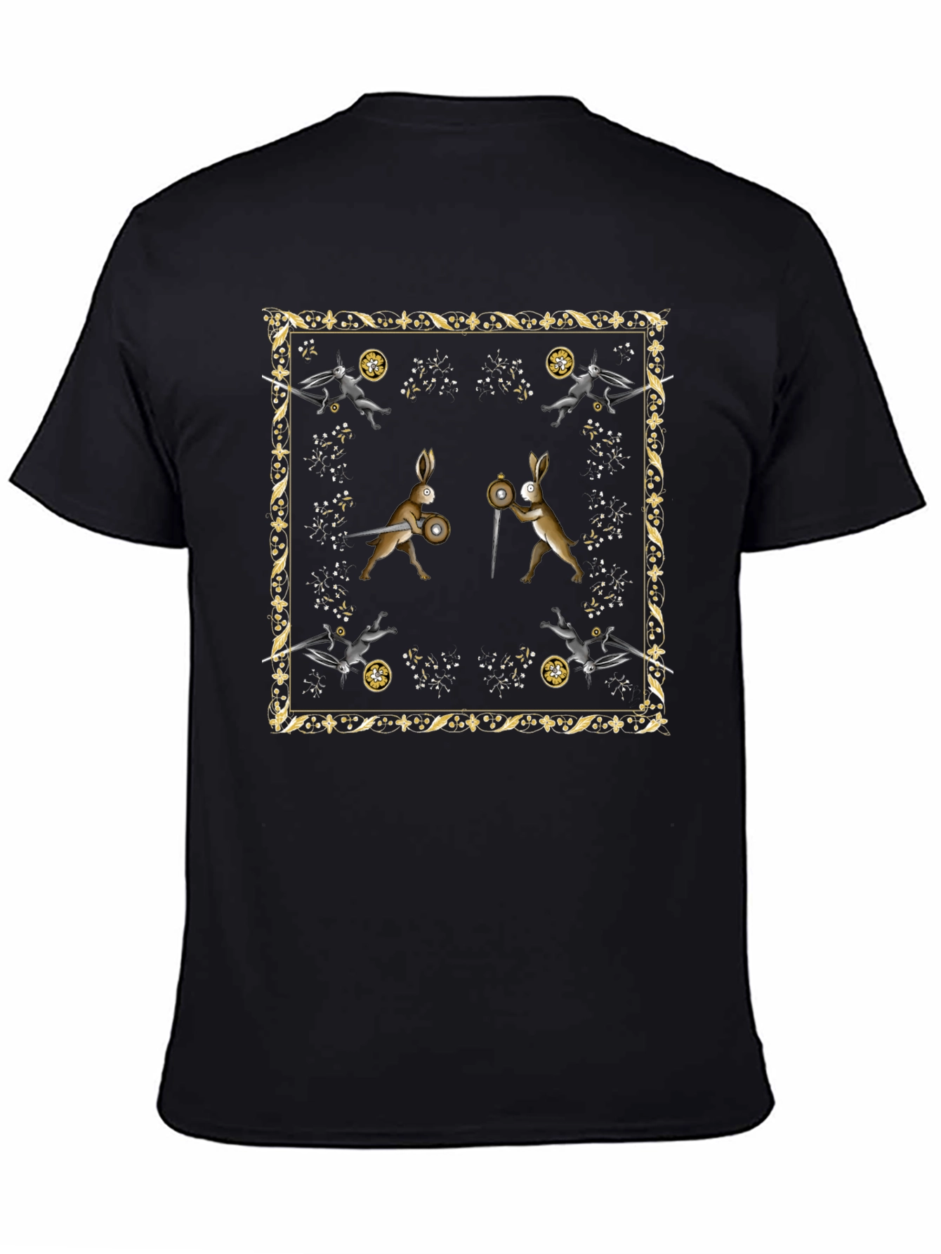 Camiseta Negra Diseño Medieval de Conejos Guerreros