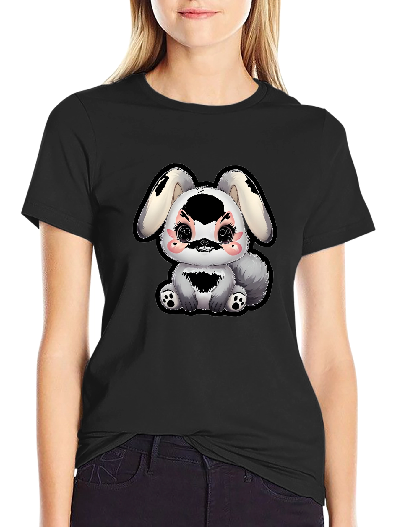 Camiseta Negra con Diseño de Conejito Kawaii