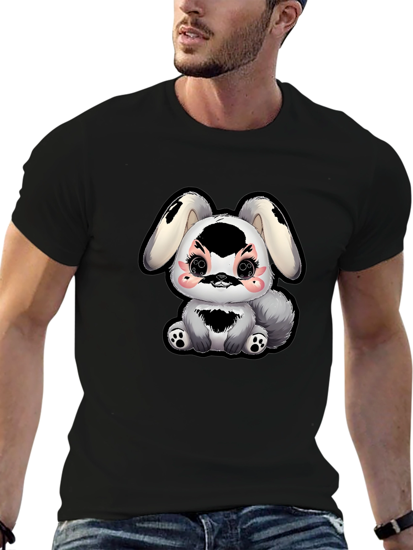 Camiseta Negra con Diseño de Conejito Kawaii
