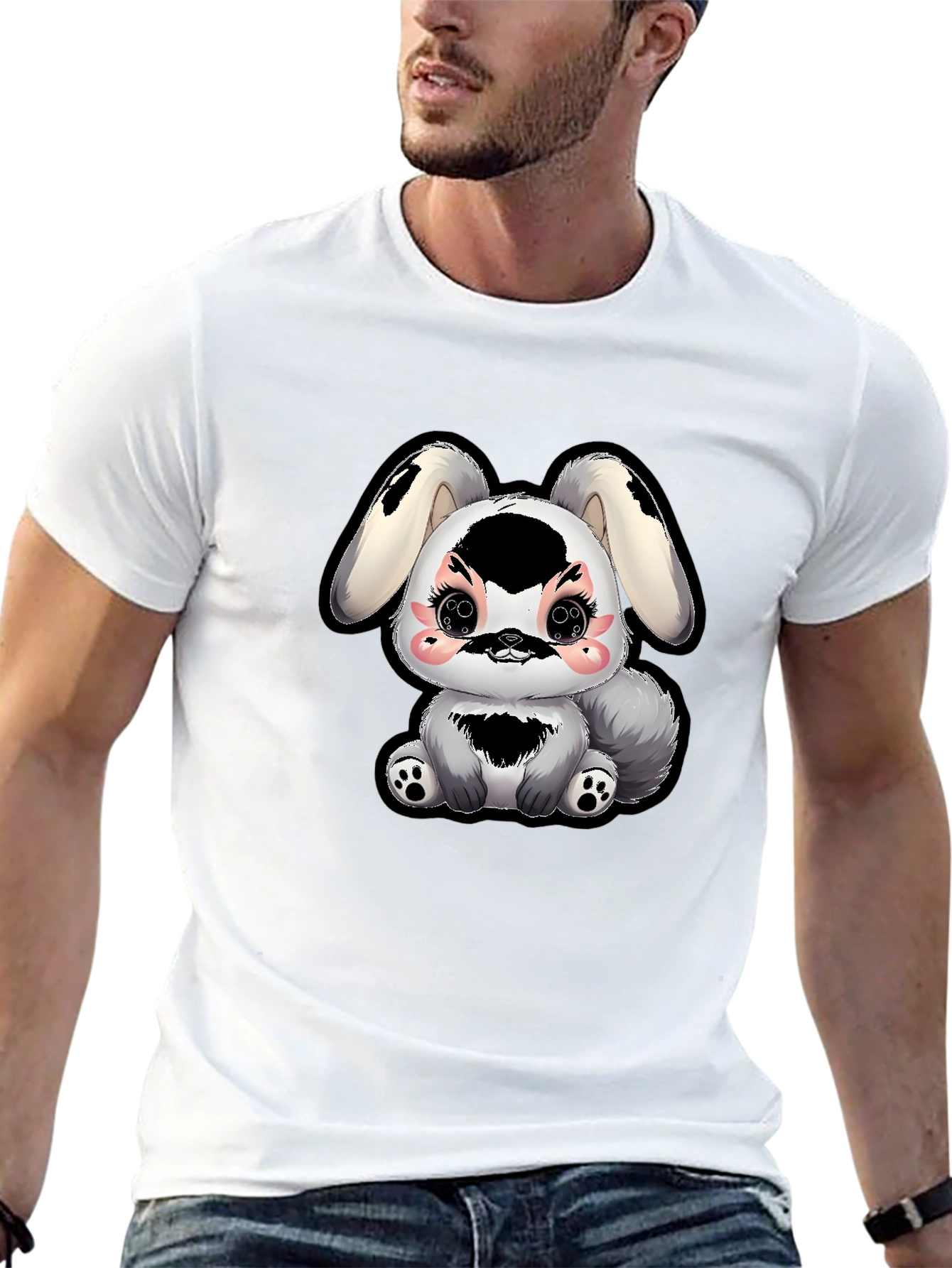 Camiseta Negra con Diseño de Conejito Kawaii