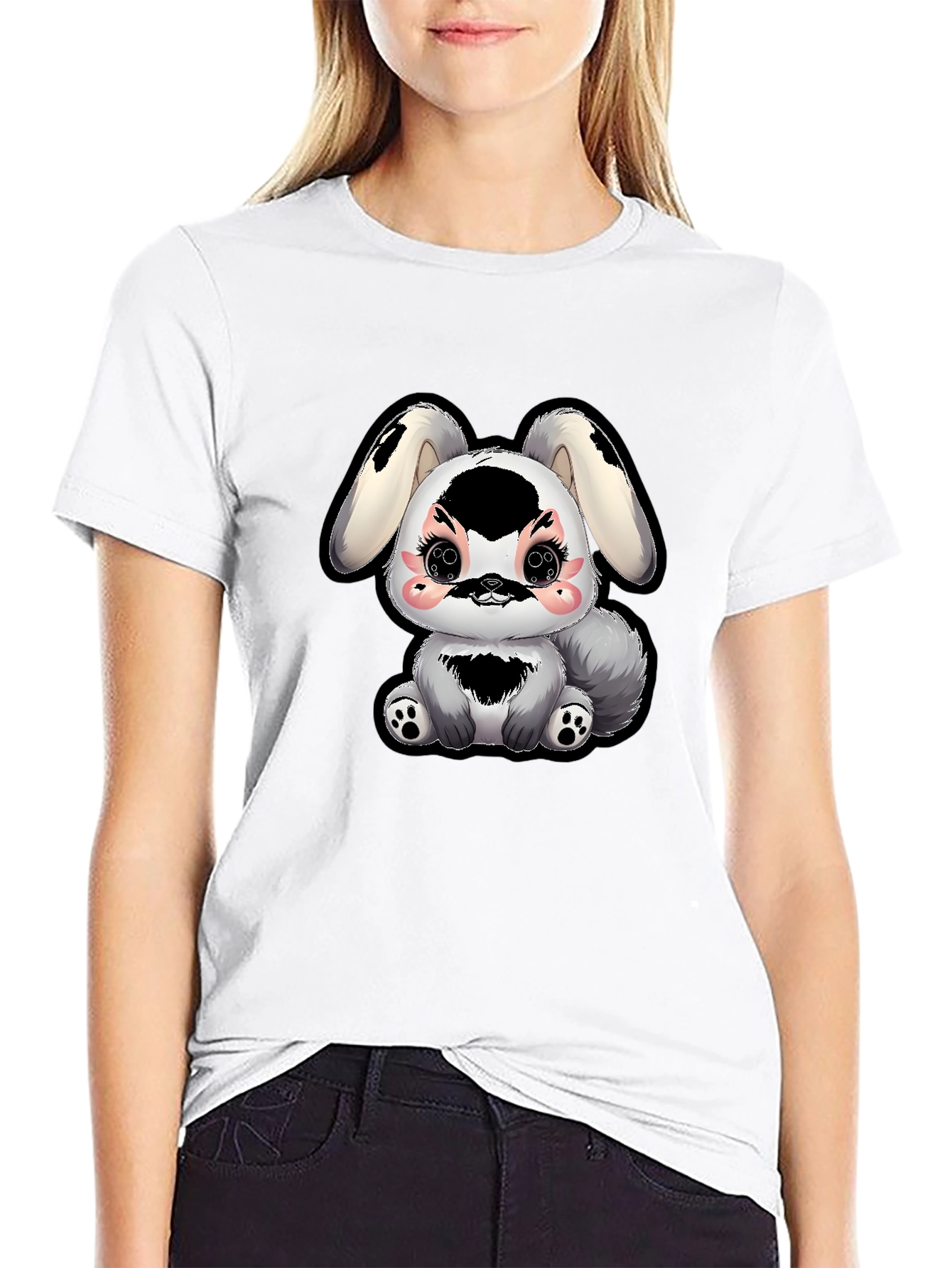 Camiseta Negra con Diseño de Conejito Kawaii