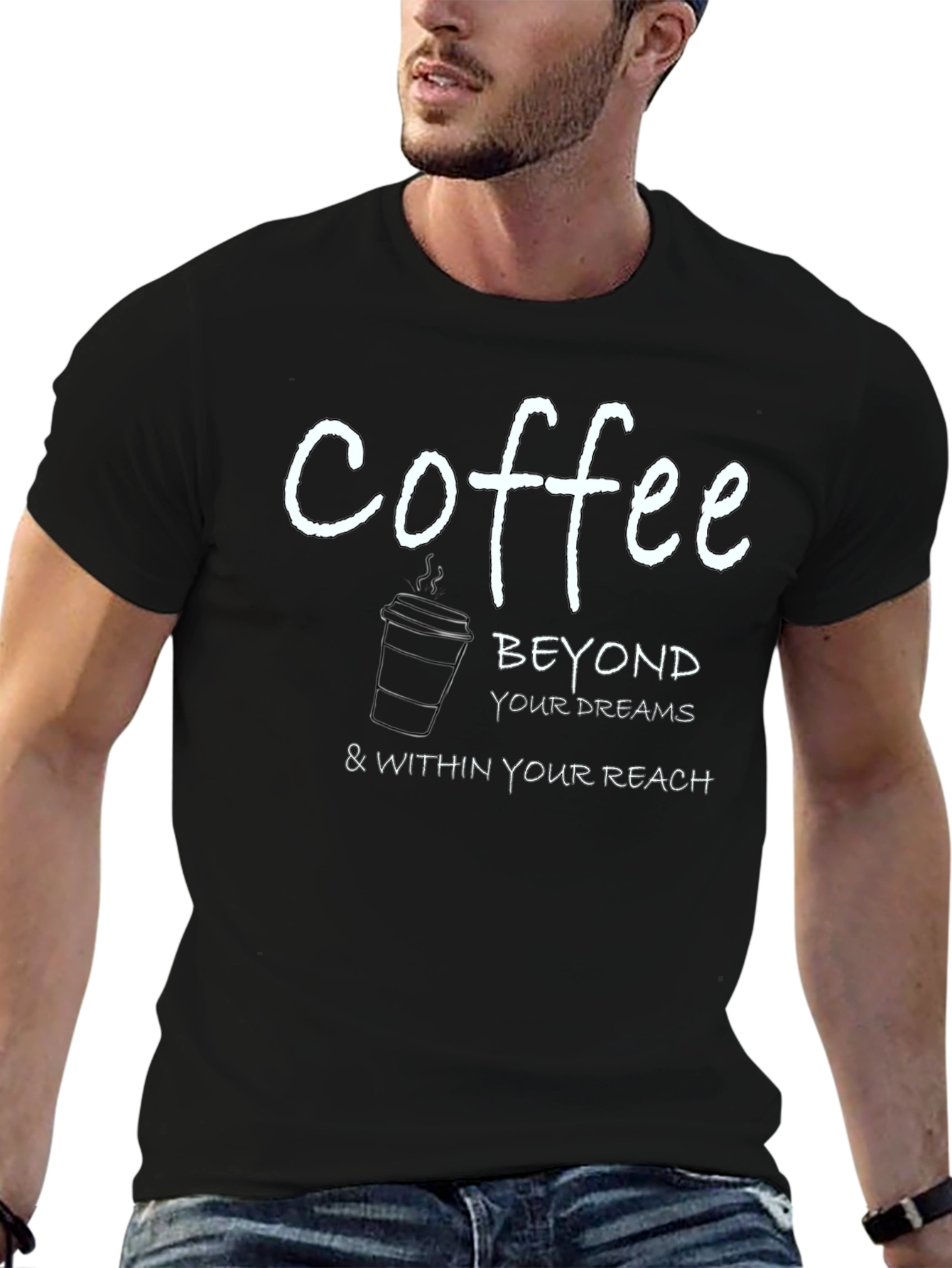 Camiseta Negra con Estampado de Café Inspirador