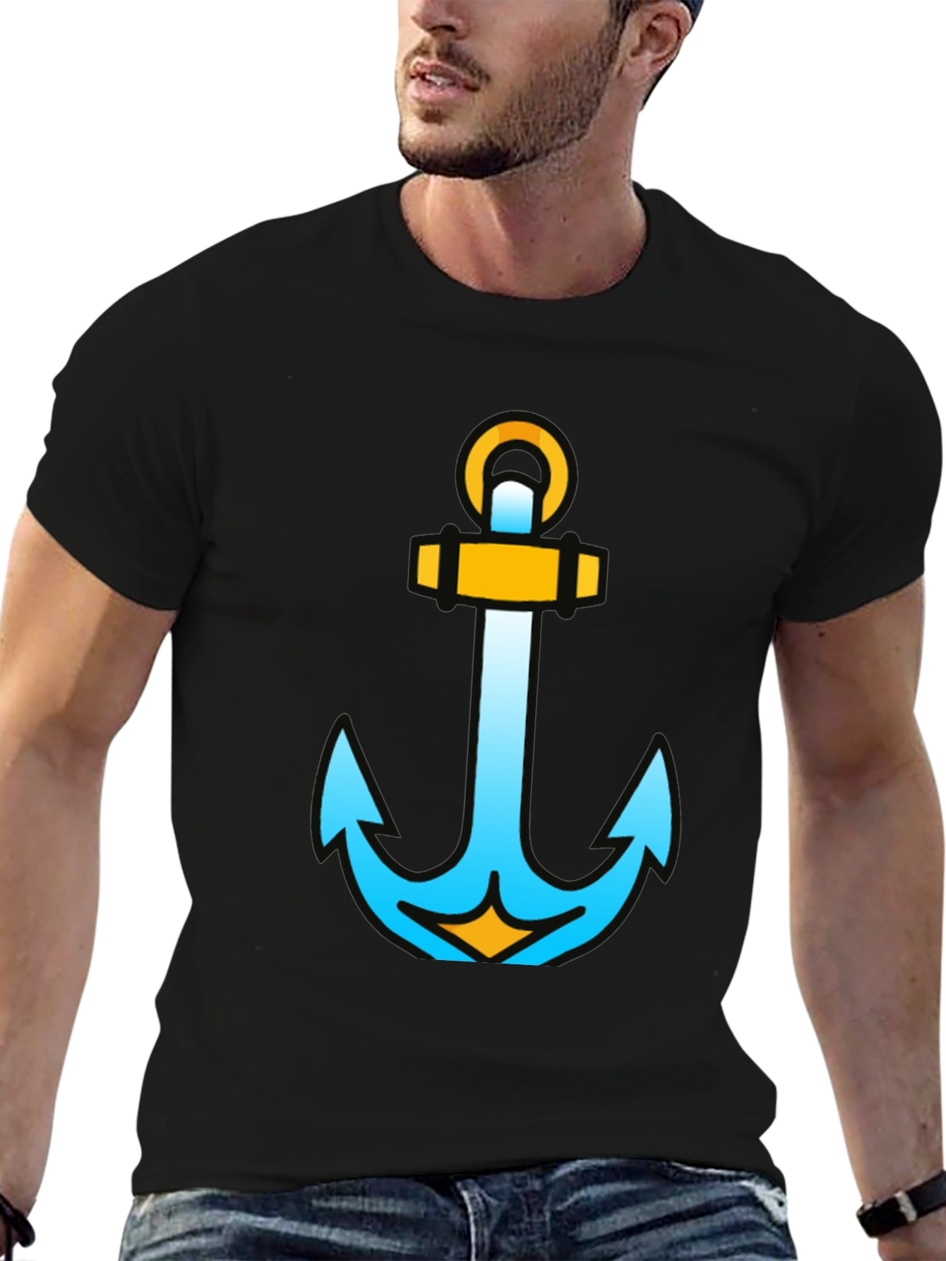 Camiseta Negra con Ancla Náutica Moderna