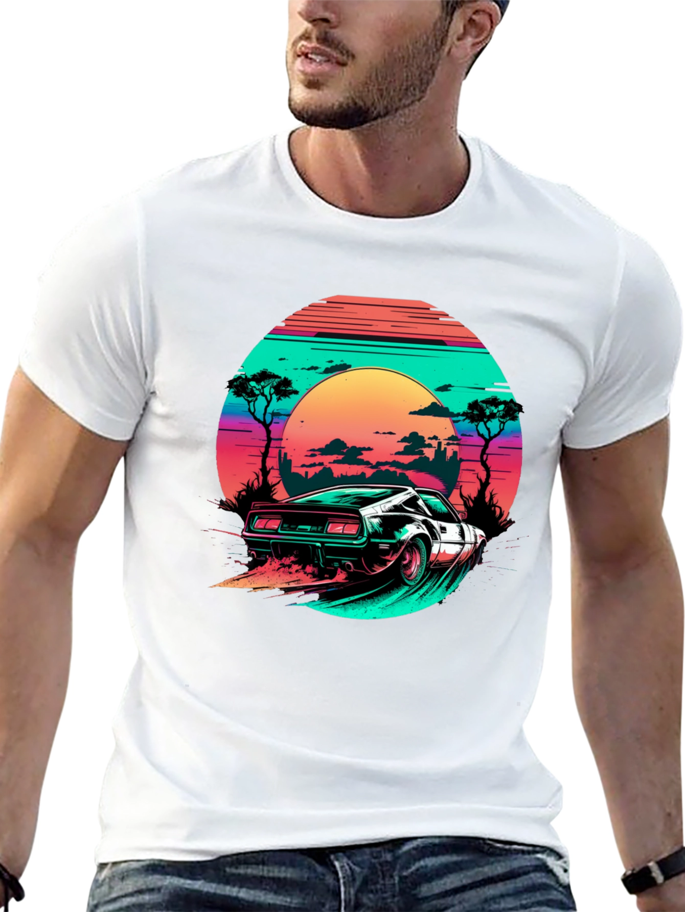 Camiseta Negra Retro Car Sunset