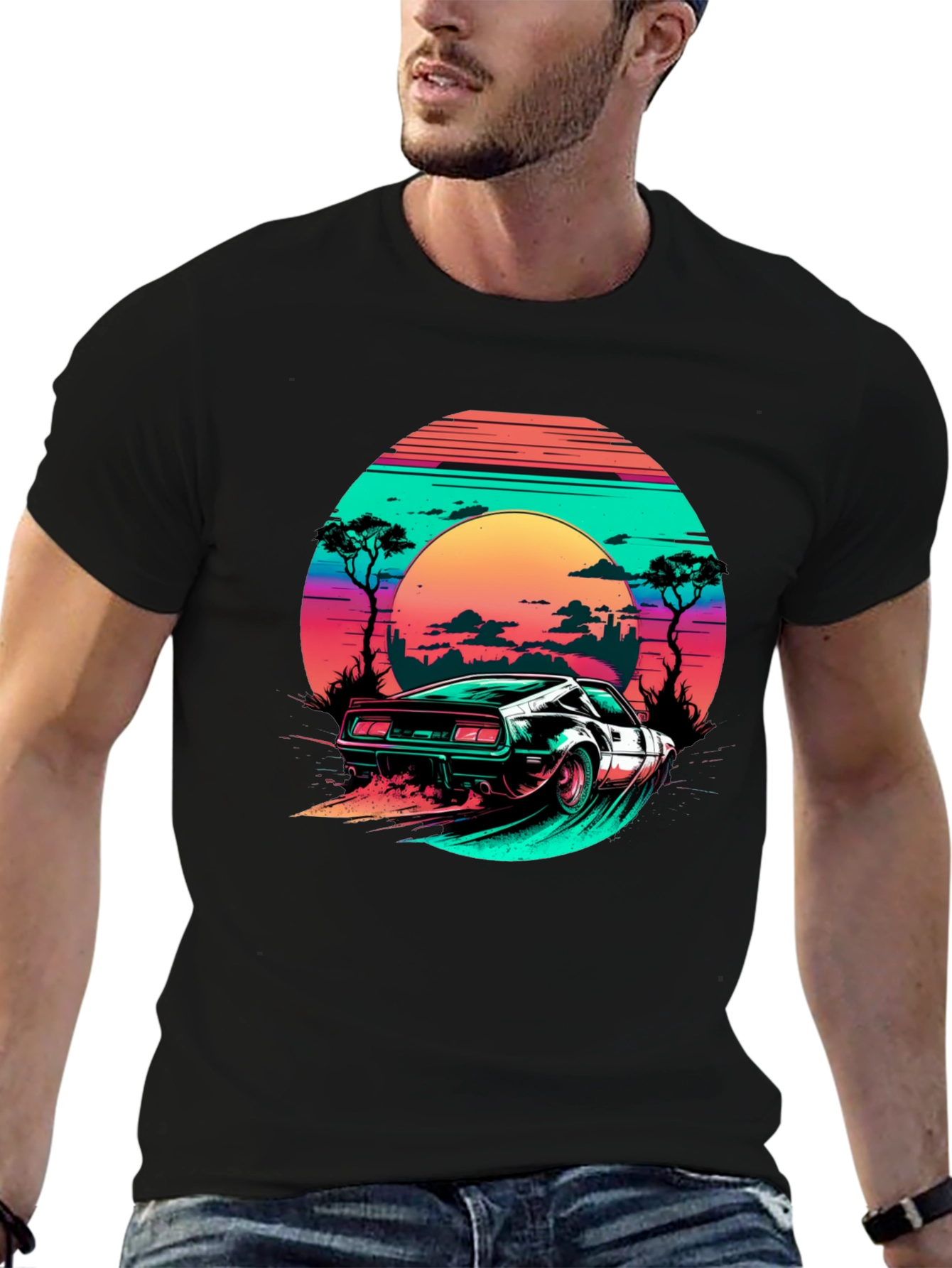 Camiseta Negra Retro Car Sunset