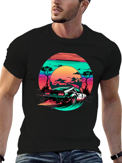 Camiseta Negra Retro Car Sunset