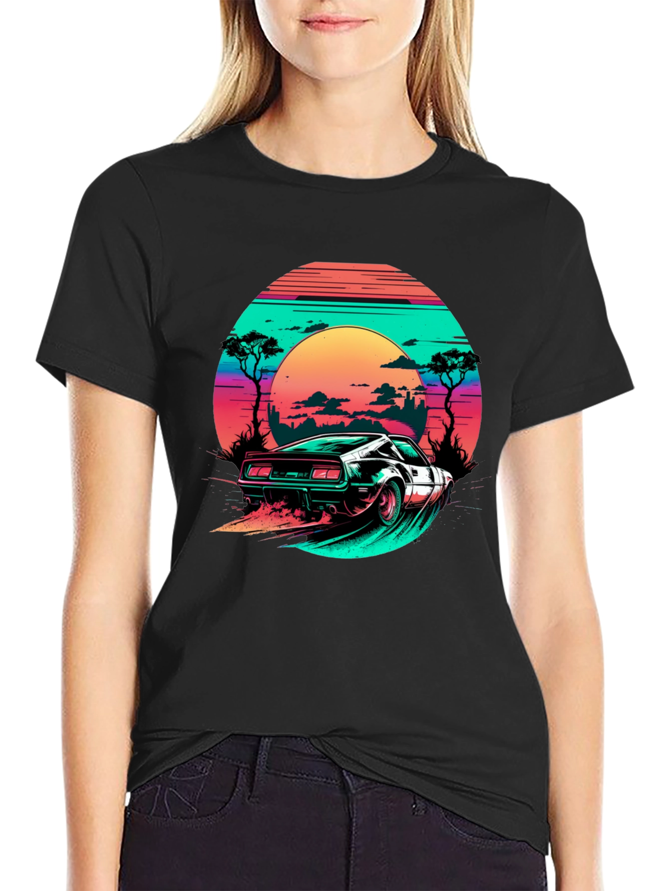 Camiseta Negra Retro Car Sunset