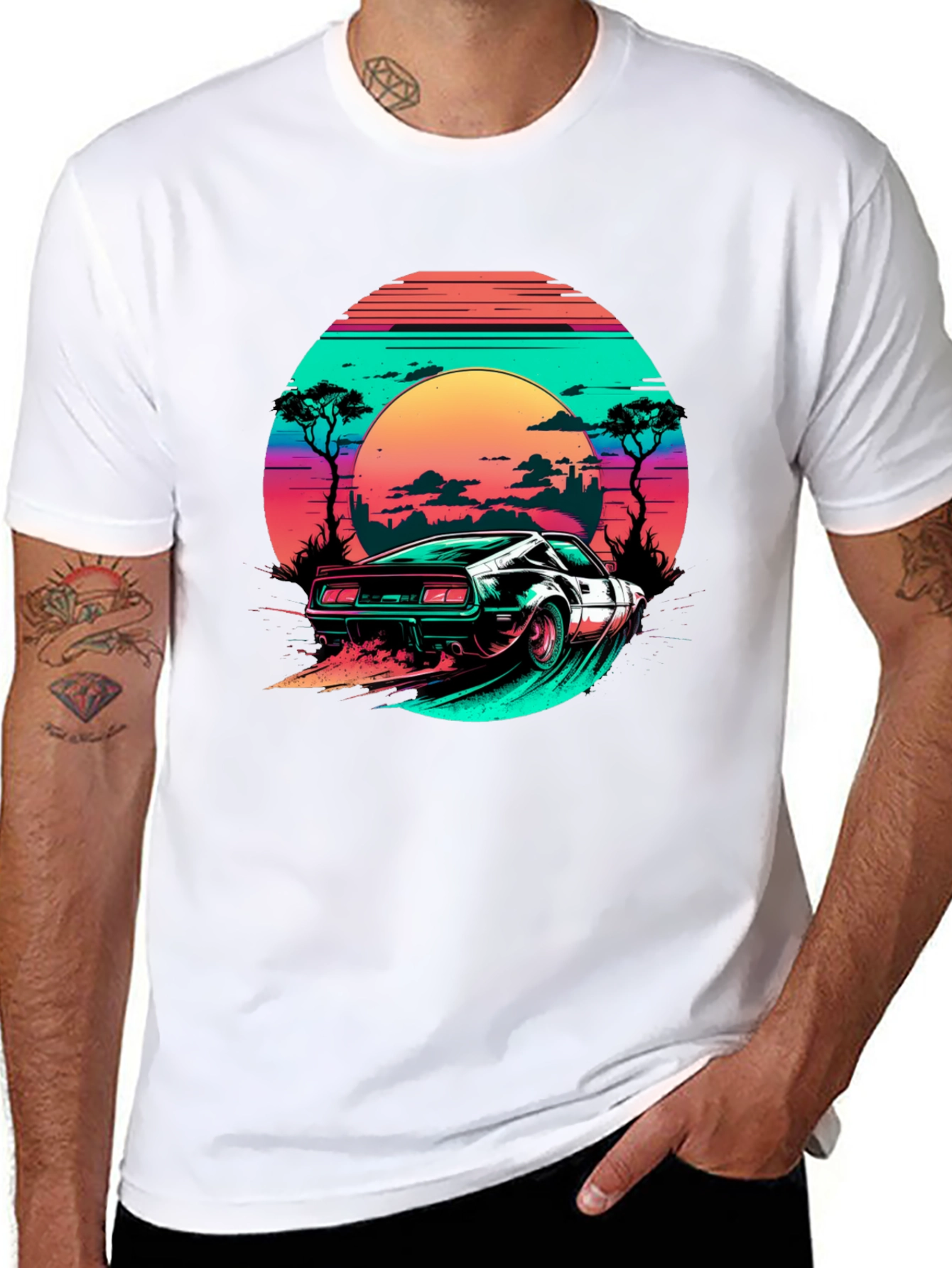 Camiseta Negra Retro Car Sunset