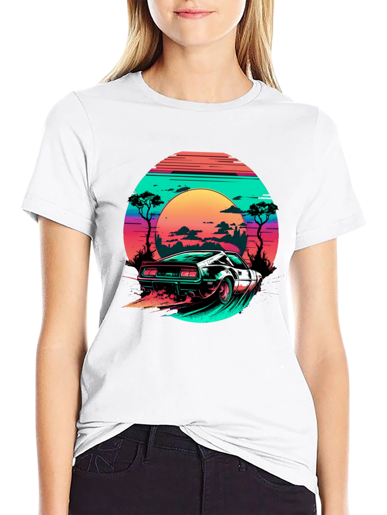 Camiseta Negra Retro Car Sunset