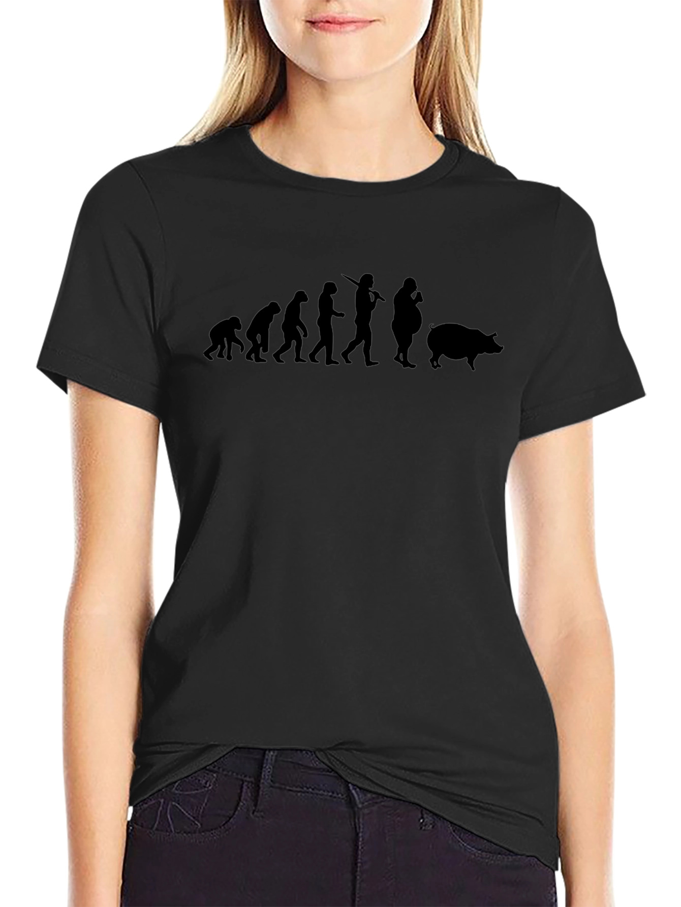 Camiseta Negra Evolución Humana a Cerdo