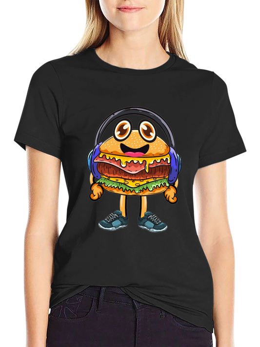 Camiseta Negra con Hamburguesa Deportiva con Audífonos