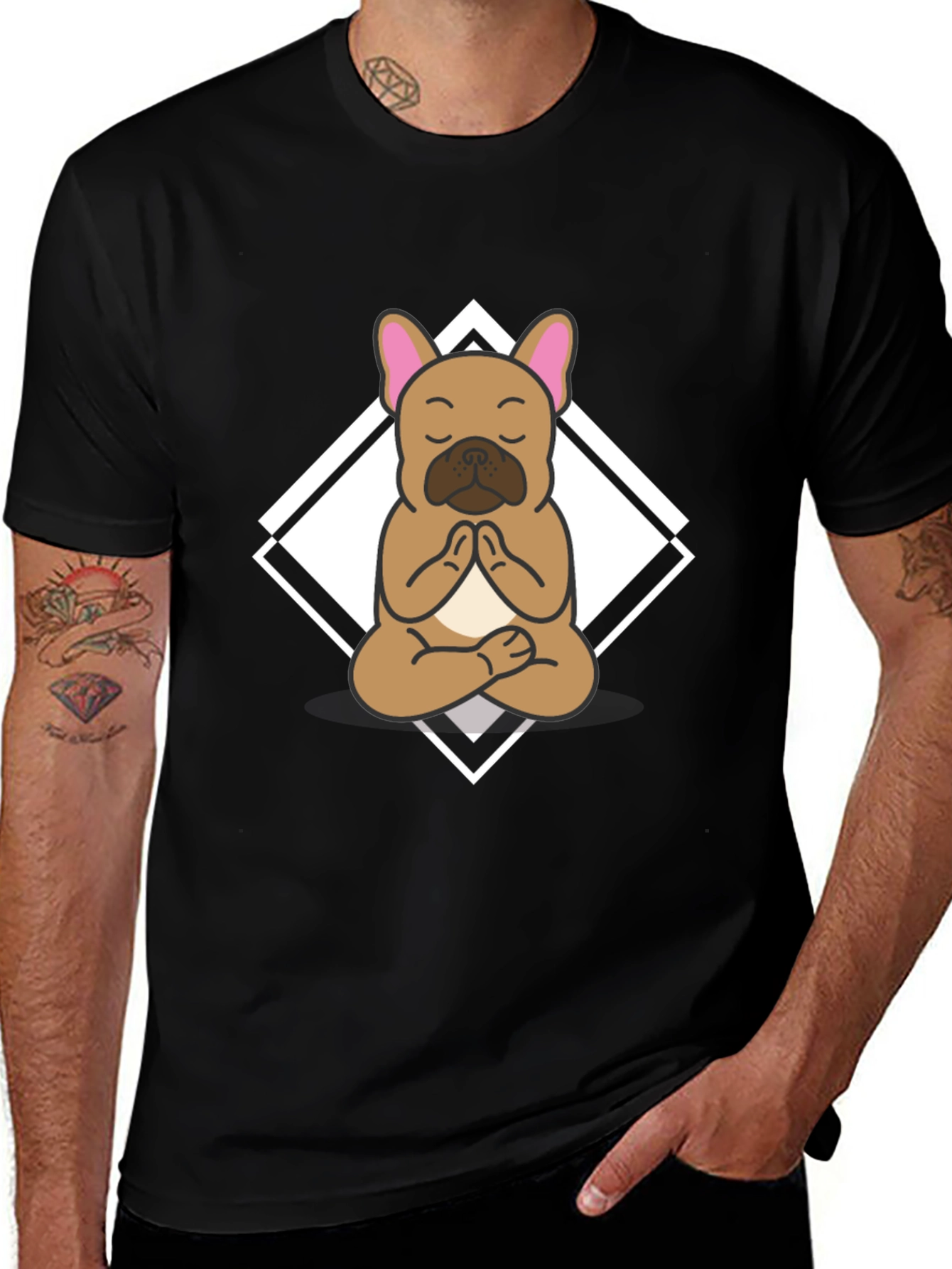Camiseta Negra con Diseño de Bulldog Francés Meditando